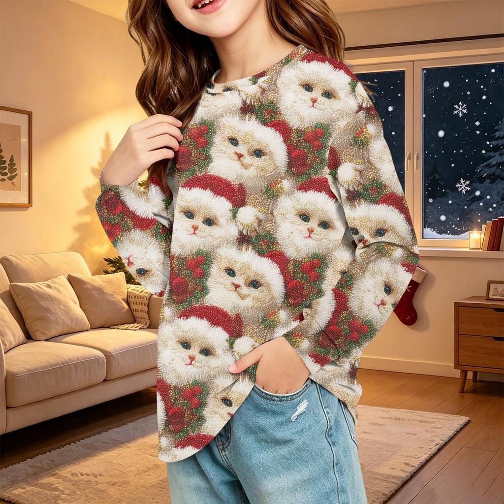 Children's Christmas Print Long Sleeve Neck Shirt with Pocket for Boys and Girls