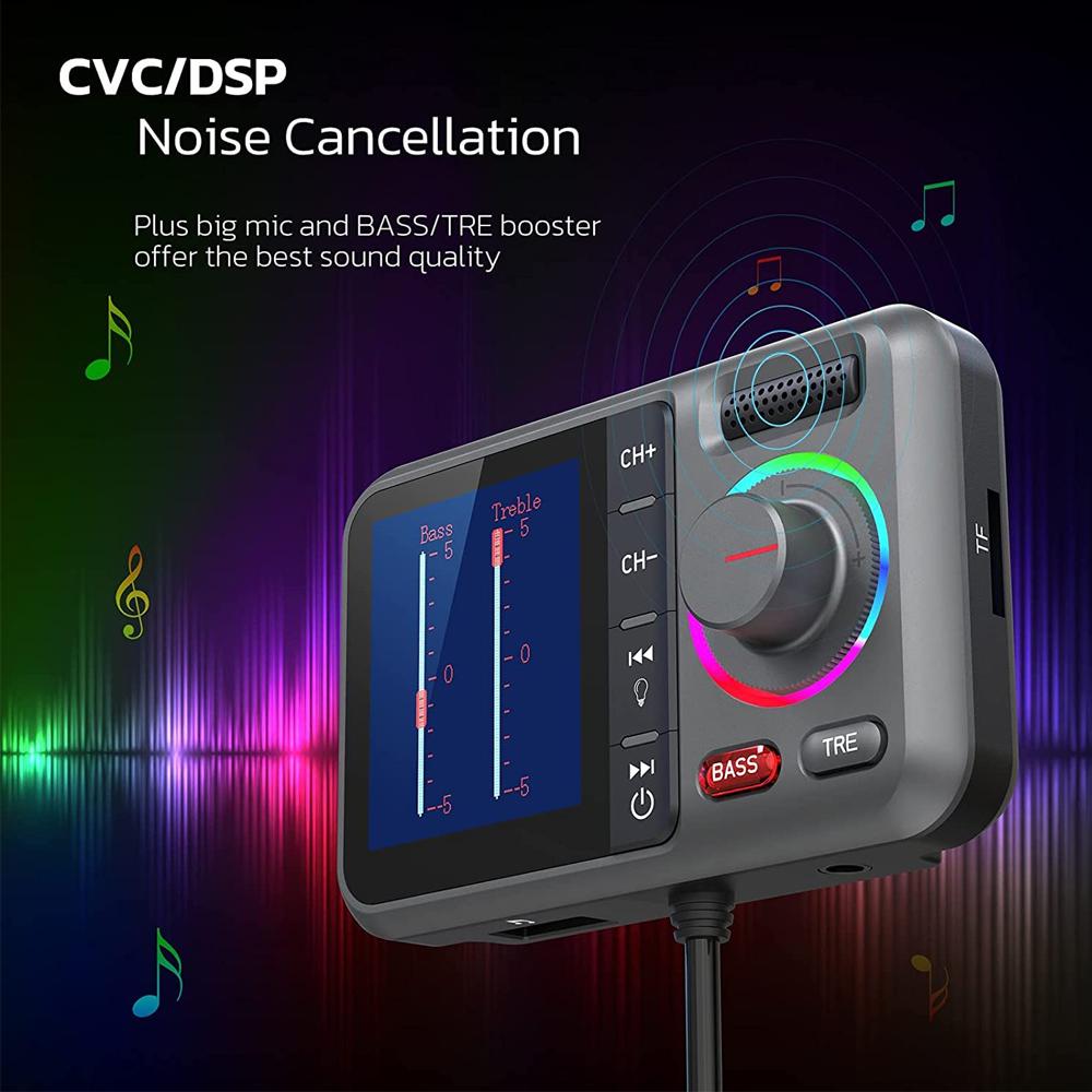 Wireless FM Transmitter 2.4A QC3.0 Dual USB Fast Charging Hands-Free Call Car AUX Adapter MP3 Music Player with Big Color Screen
