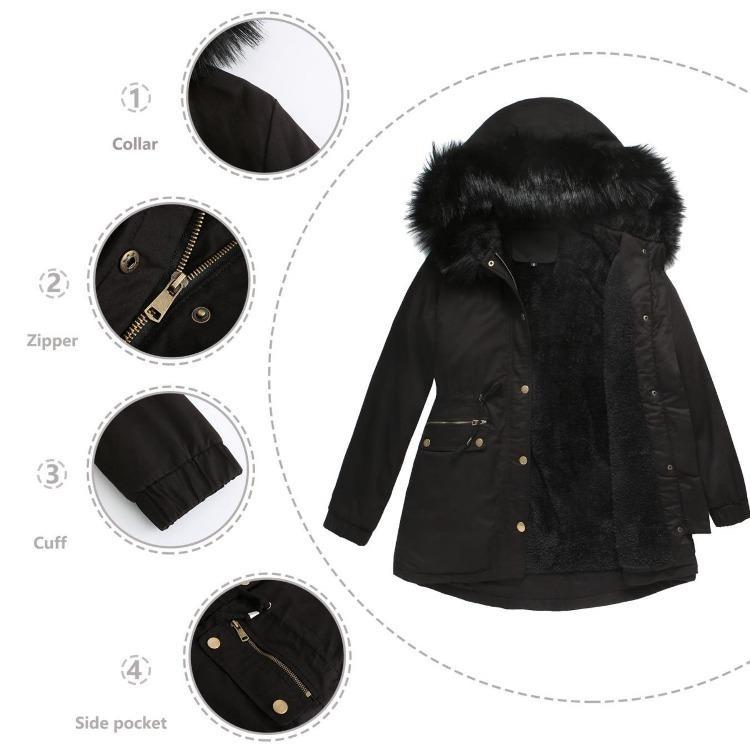 Warm Fluffy Winter Jacket Medium Long Hooded Collar Parker Coat Cotton Zipper Coat