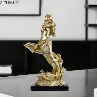 Creative Gold-plated Mermaid Statue Living Room Decoration Marine Organism Ornaments Resin Sculpture Room Aesthetic Decor