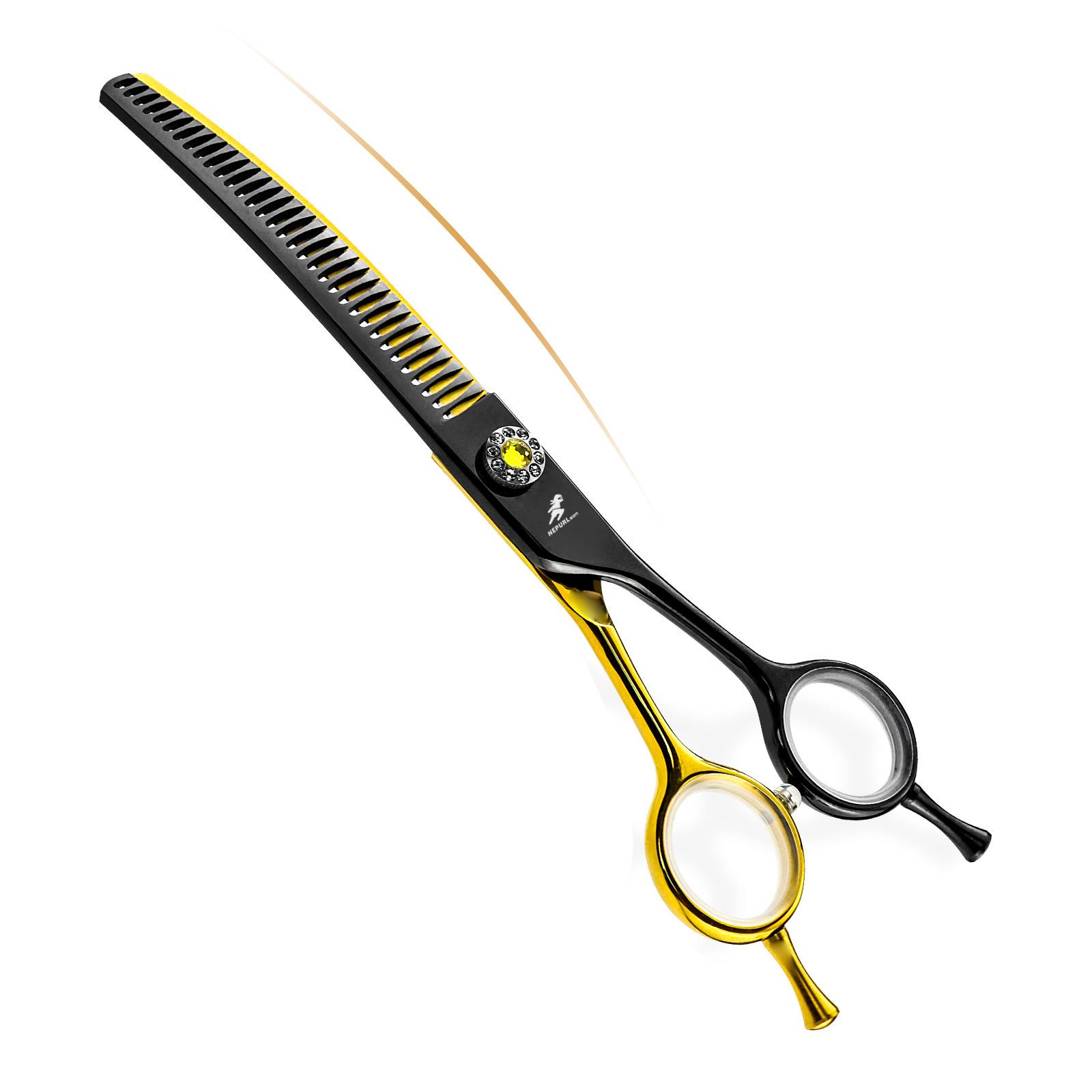 7.0 Inch Jp440C Black Gold Dense Teeth Curved Teeth Cosmetic Scissors Curved Scissors, Pet Trimming Scissors Curved Teeth Scissors 7.0inch black gold fishbone teeth hy04-7032