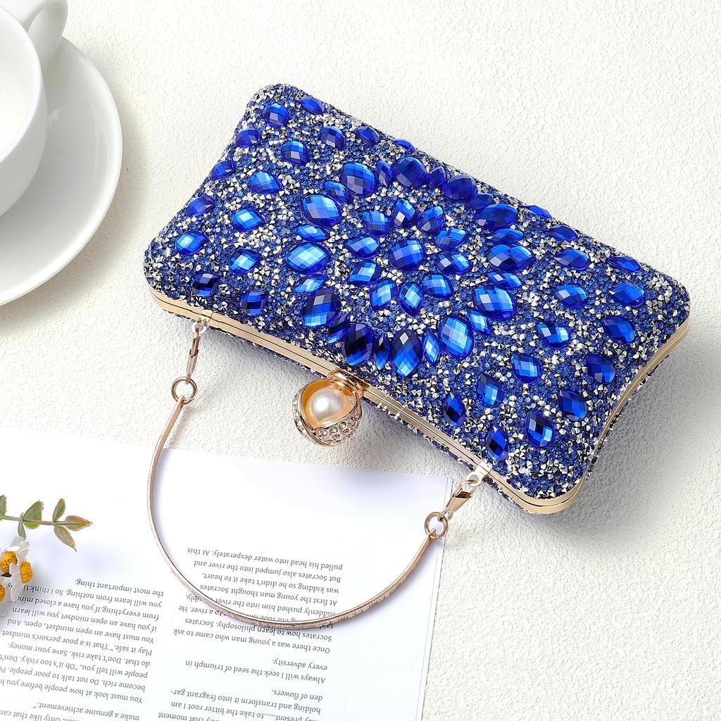 uxcell Women's Sparkling Crystal Rhinestone Evening Clutch Bag with Two Chain Straps, Blue, for Weddings, Evenings, and Weekends