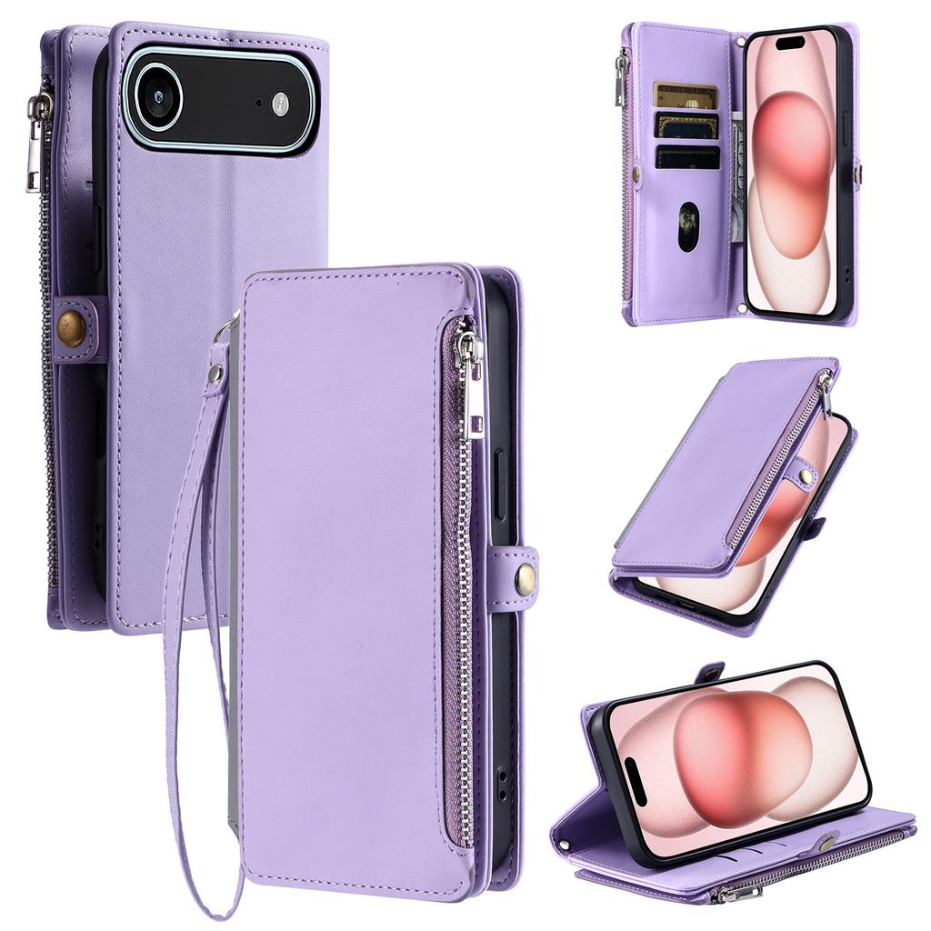 For iPhone 17 Air Case TPU+PU Leather Wallet Phone Cover with Wrist Strap