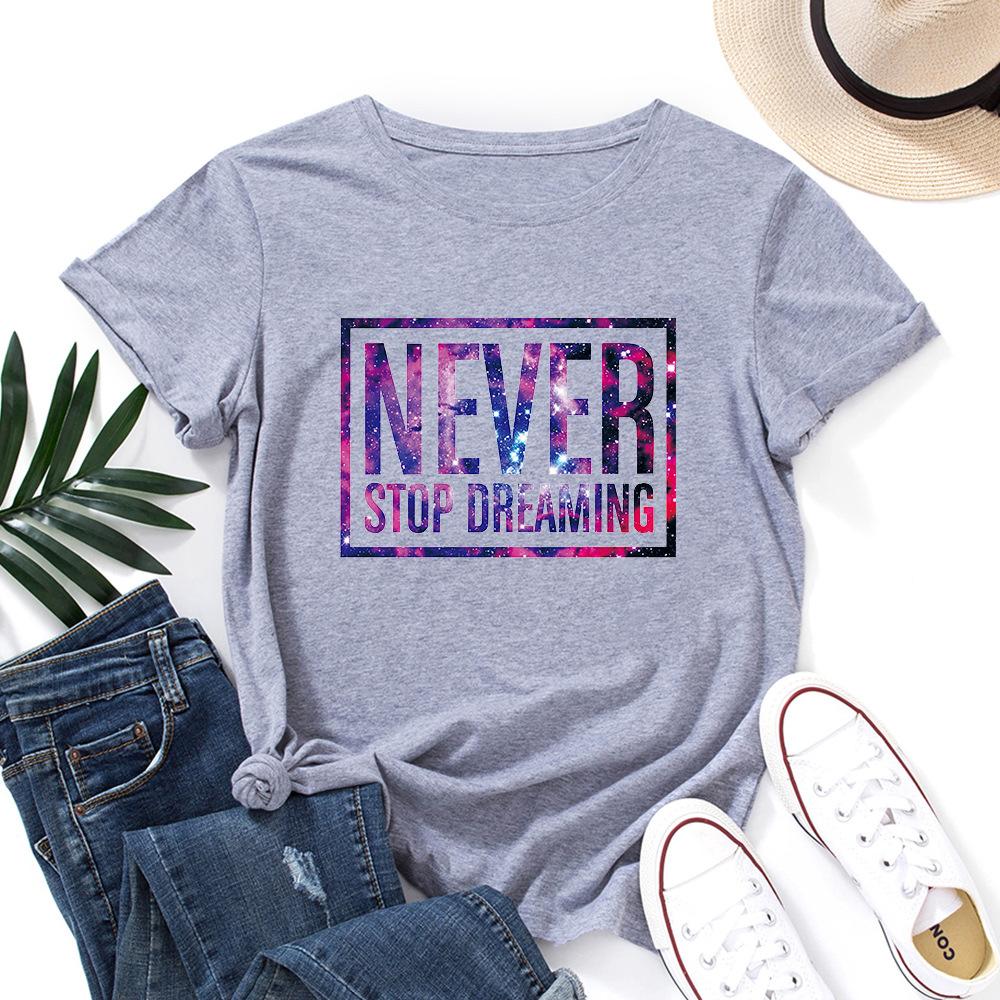 Inspirational Letter Print Cotton Loose Round Neck Short Sleeved Women's T-shirts