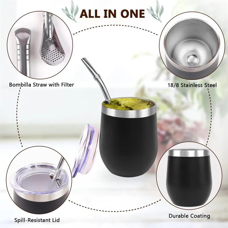 Yerba Mate Cup Set Stainless Steel Insulated Tumbler with Lid and Straw Double-Wall Mate Tea Cup Spoon for Hot and Cold Drinks