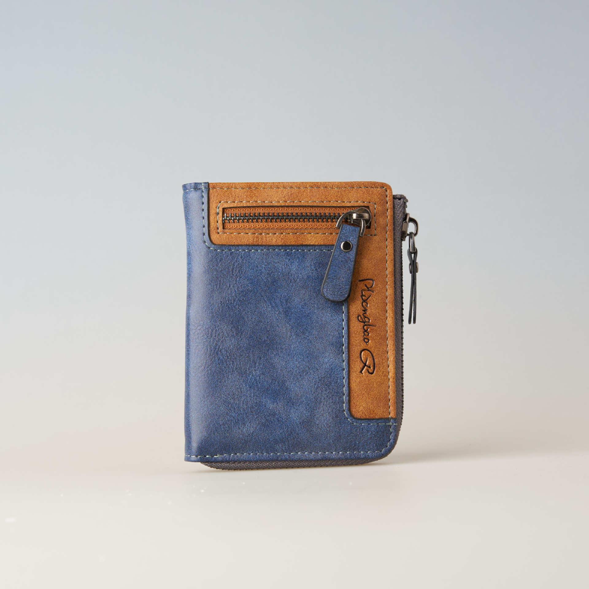 

Men s Retro 2-Fold Wallet: Multi-Functional Card Holder with Large Capacity & Zipper синий