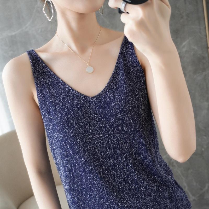 Quzhu Ice Silk V-neck Suspender for Women Slim Fit and Versatile Base Vest In Summer New Sleeveless Outer Wear Bright Silk Top