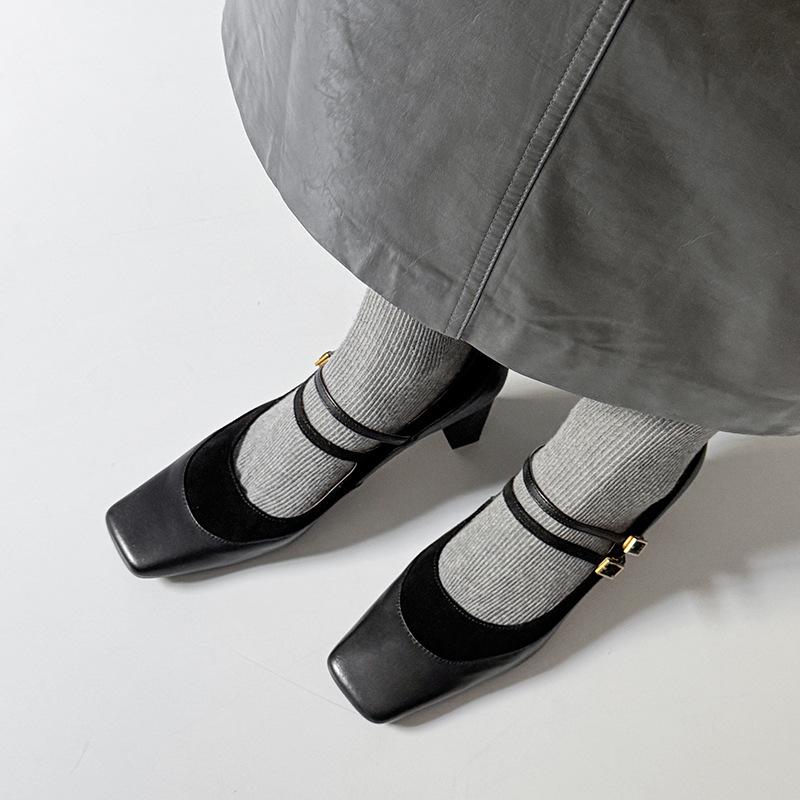 Kara Women's Shoes~ Black Professional High Heels Versatile Splicing Square Head Mary Jane Women's Shoes Double-breasted Thick Heel Single Shoes