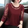 Long Sleeve Shirt Women Spring Loose Middle Age Mom Round Neck Base Layer Lace Blouse