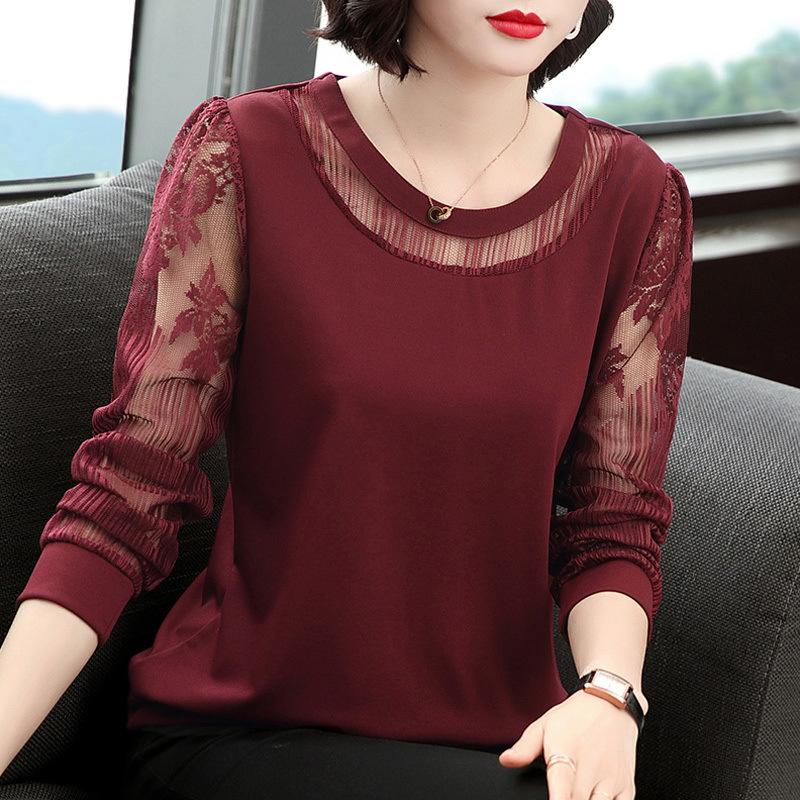 Long Sleeve Shirt Women Spring Loose Middle Age Mom Round Neck Base Layer Lace Blouse