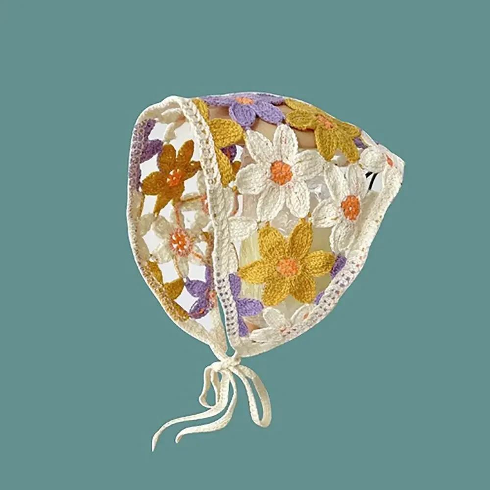 1Pc Knitted Triangle Headband French Pastoral Style Headscarf Hat Little Flower Handmade Crochet Headband Towel Spring Summer