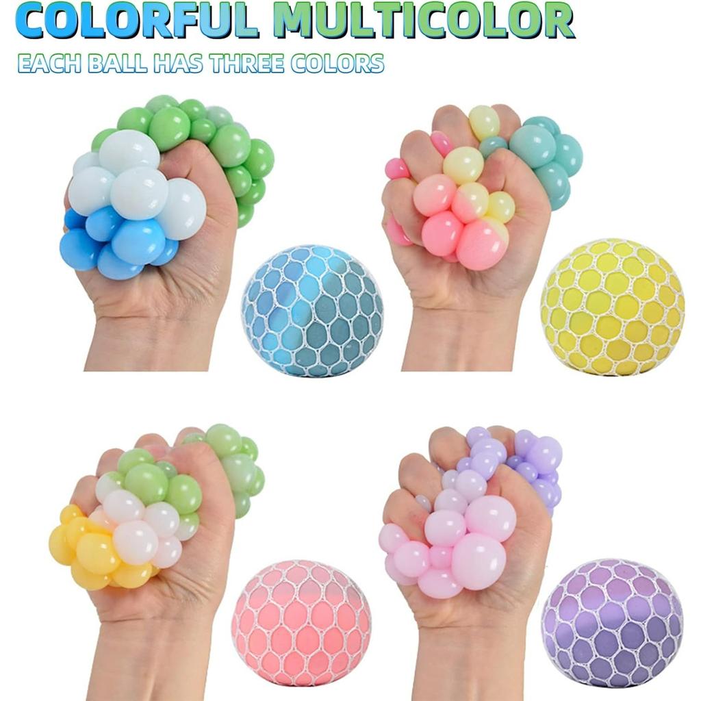 4 PCS Colorful Mesh Grape Stress Balls - Squeeze Color Change Fidget Toys for Stress Relief and Hand Exercise
