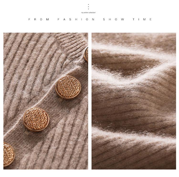 Women's Slim Fit Cashmere Sweater - Round Neck Ribbed with Diagonal Buttons, Elegant Knitwear for Autumn and Winter