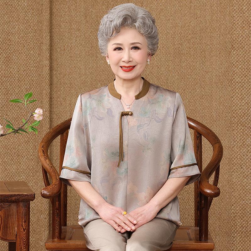 Mom s Summer Ice Silk Short-Sleeve Top for Middle-Aged & Elderly Women XL (100-115 lbs)