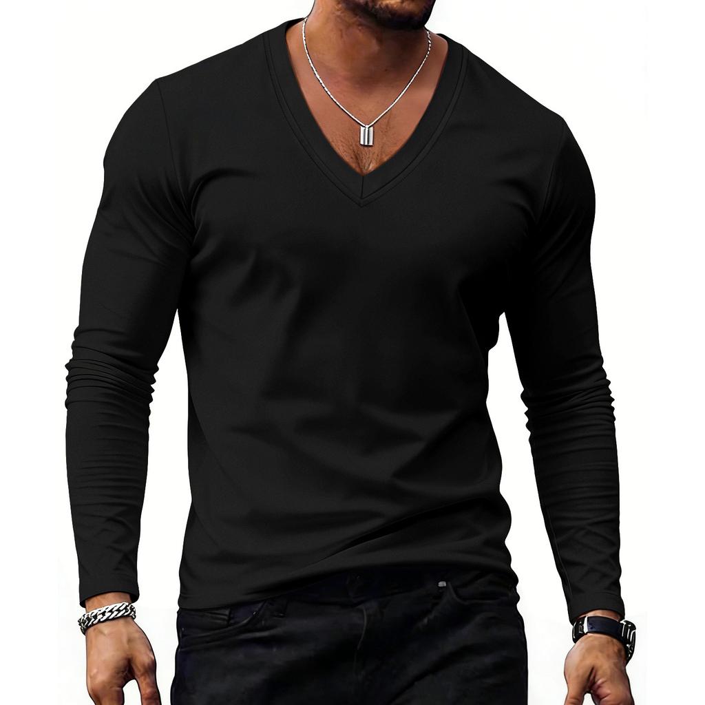 Casual sportief ondershirt voor heren, V-hals top met lange mouwen