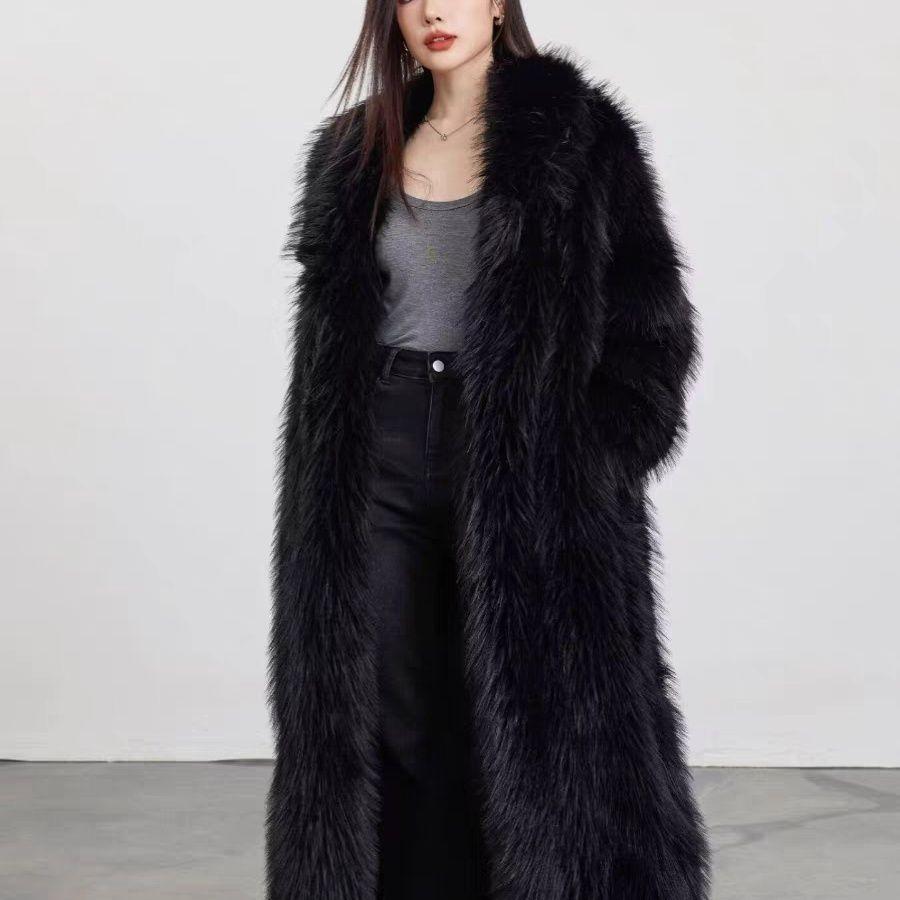 Winter New Arrival: Faux Fox Fur Black Long Coat - Thickened Women's Fashion Outerwear