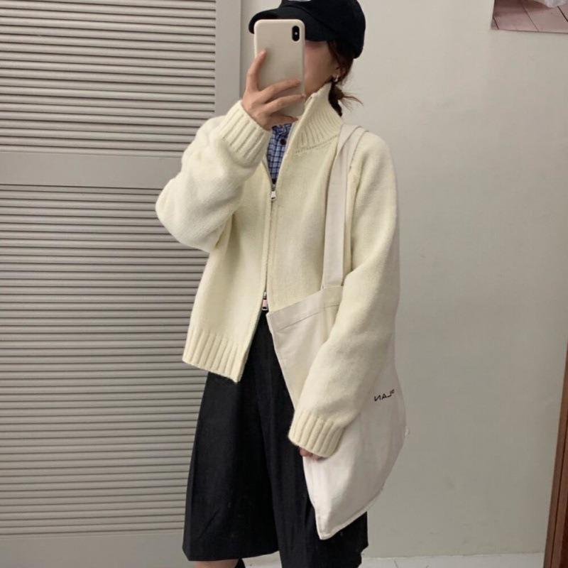 Lazy wind solid color double zipper lapel neck sweater jacket women's autumn new loose simple stand-up neck knitted cardigan thick