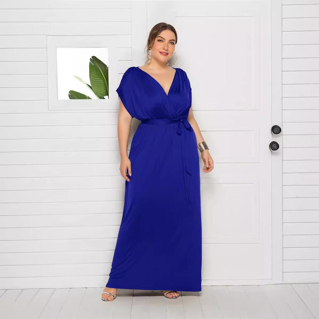 Plus Size Women’s Solid V-Neck Evening Dress, Sexy Loose Fit with Large Hem