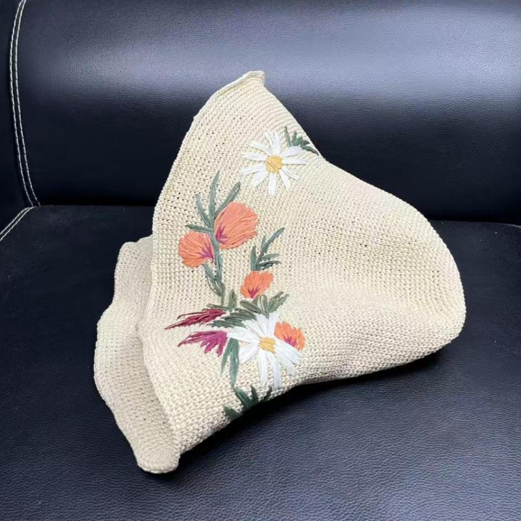 Foldable Fine Grass Crochet Colorful Flower Fisherman Hat Children Summer Seaside Vacation Big Eaves Sunscreen Straw Hat