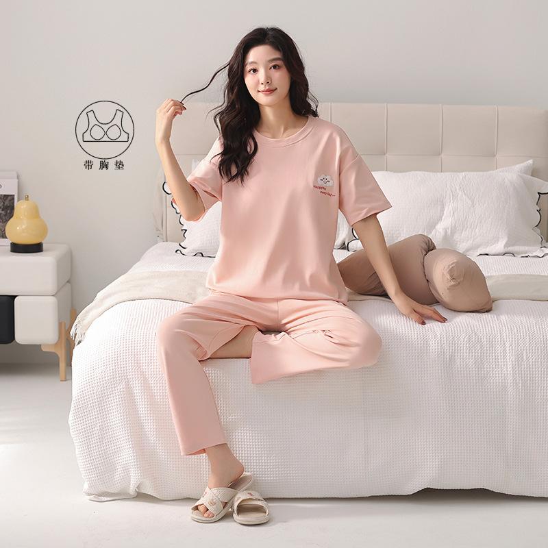 Pajamas women's summer pure cotton 1011 new models with chest pads, short sleeves, shorts, simple pullover, can be worn outside, loungewear set