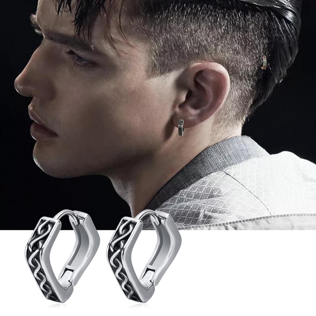 Elegantes Pendientes de Aro Geométricos para Hombre, Acero Inoxidable Impermeable Runas Vikingas Nórdicas Almut Triángulo Romboidal Huggies Joyería