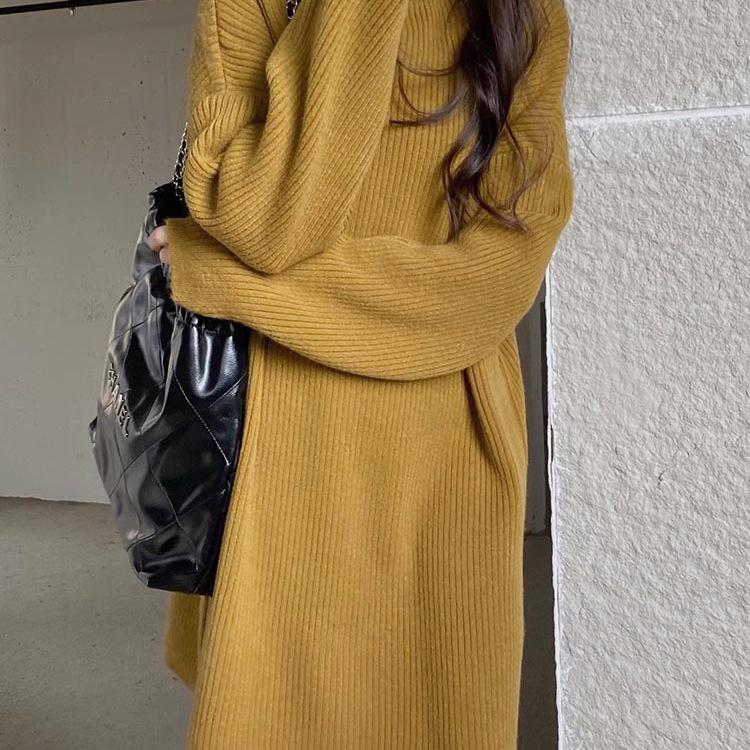 Korean Style High Neck Loose Sweater Dress - Petite Medium Length, Autumn/Winter