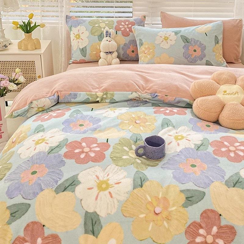 Thickened Milk Fleece Bed Four-Piece Coral Fleece Quilt Cover Double-Sided Flannel Fleece Bed Sheet Three-Piece Set