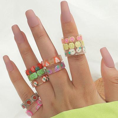 Pingentes de resina para crianças pequenas, anel colorido com estampa de frutas e plantas, anel circular para mulheres, joias para festa de casamento, presente para amigos