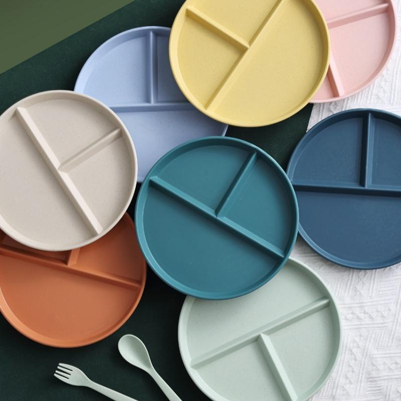 1 stuks Verdeeld Ontbijtbord, 3 Vakjes Rond Plastic Individueel Bord, Herbruikbaar Gezond Dieet En Afslankbord, Picknickbord