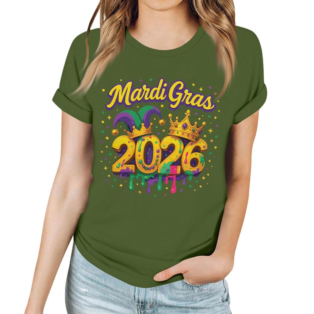 Women's Casual Carnival Print T-Shirt Round Neck Pullover Short Sleeve Top