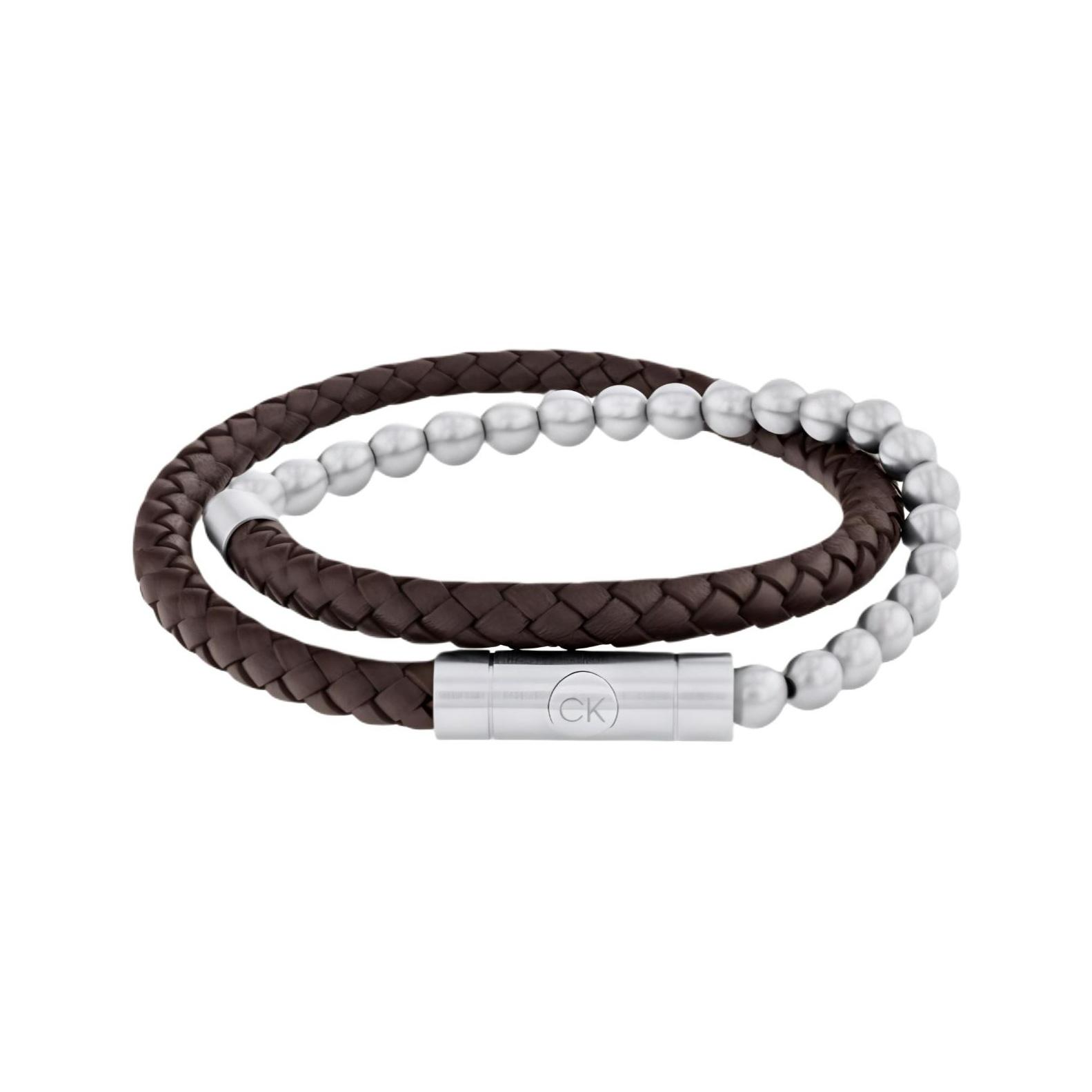 

Calvin Klein Expandable Matte Beaded Leather Bracelet Men accessories Brown 35100023 Box,F,Matte silver & coffee leather