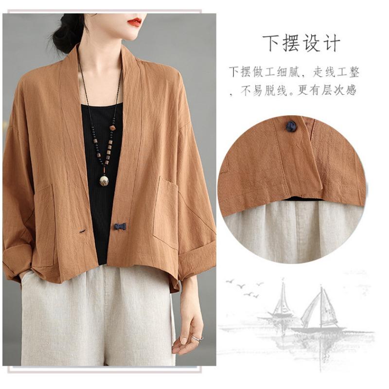 Damen S Locker Kurz Baumwoll-Leinen-Mischung Strickjacke Hemd