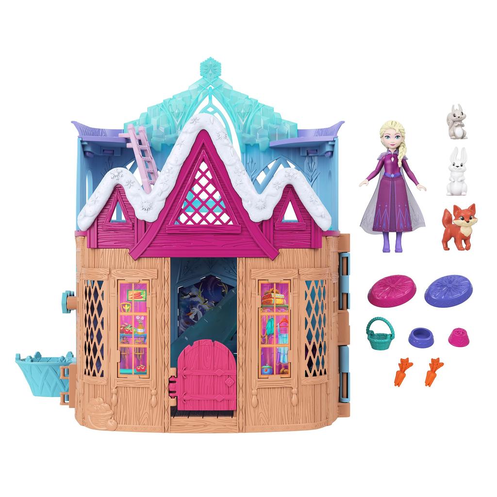 Mattel Disney Ledové království Elsa a Ledová zvířata z Arendelle Luxusní domeček pro panenky Hraní na role Hrací sada s 1 mini panenkou ve věku 3 let a panenkou JFG28 na převlékání, Nahoru,