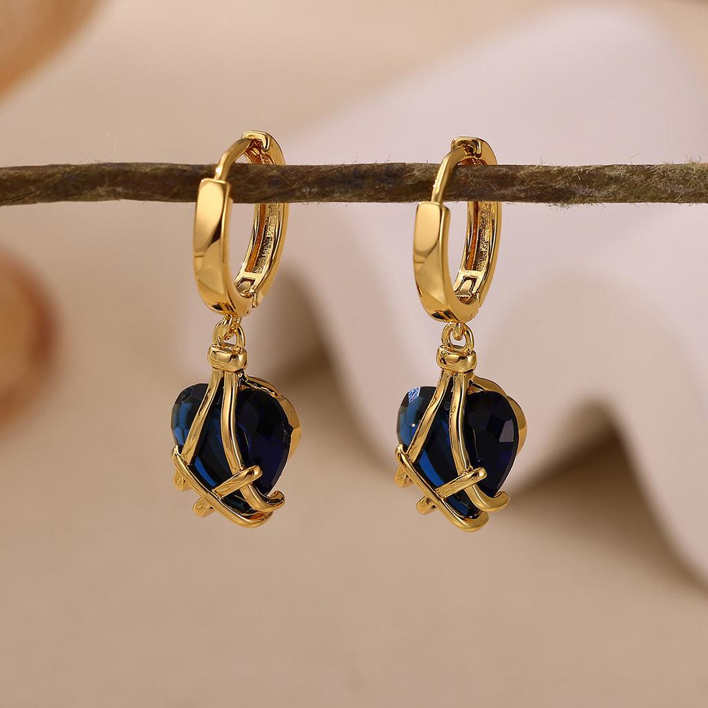 Emerald Green Heart Dangle Hoop Earrings For Women 18-K Gold Plated Love Huggies Earring Jewelry Elegant Party Cute New Gifts