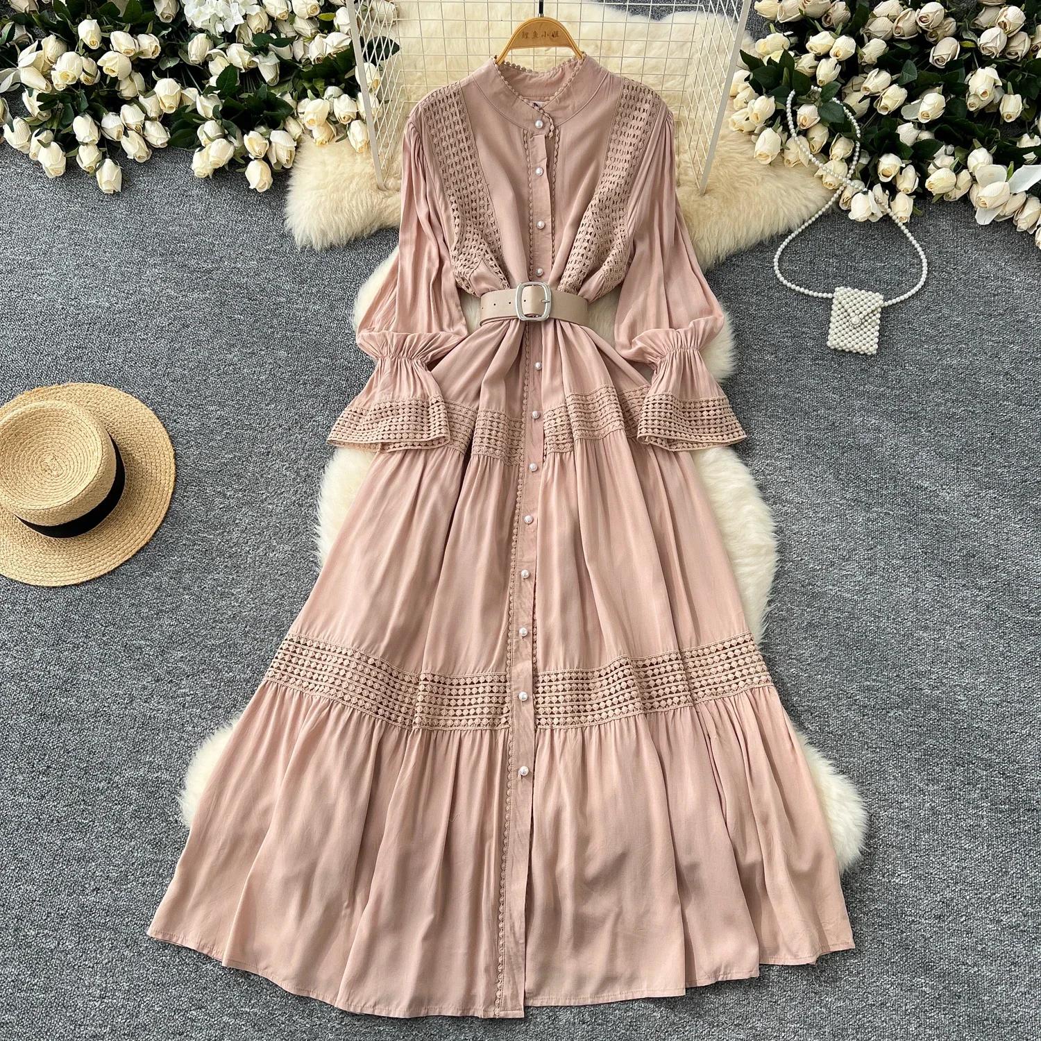 

Шикарное кружевное приталенное платье с воротником-стойкой, длинными рукавами и застежкой на одну пуговицу, в стиле хай-стрит, винтажное, вечернее, женская осенне-зимняя одежда One Size