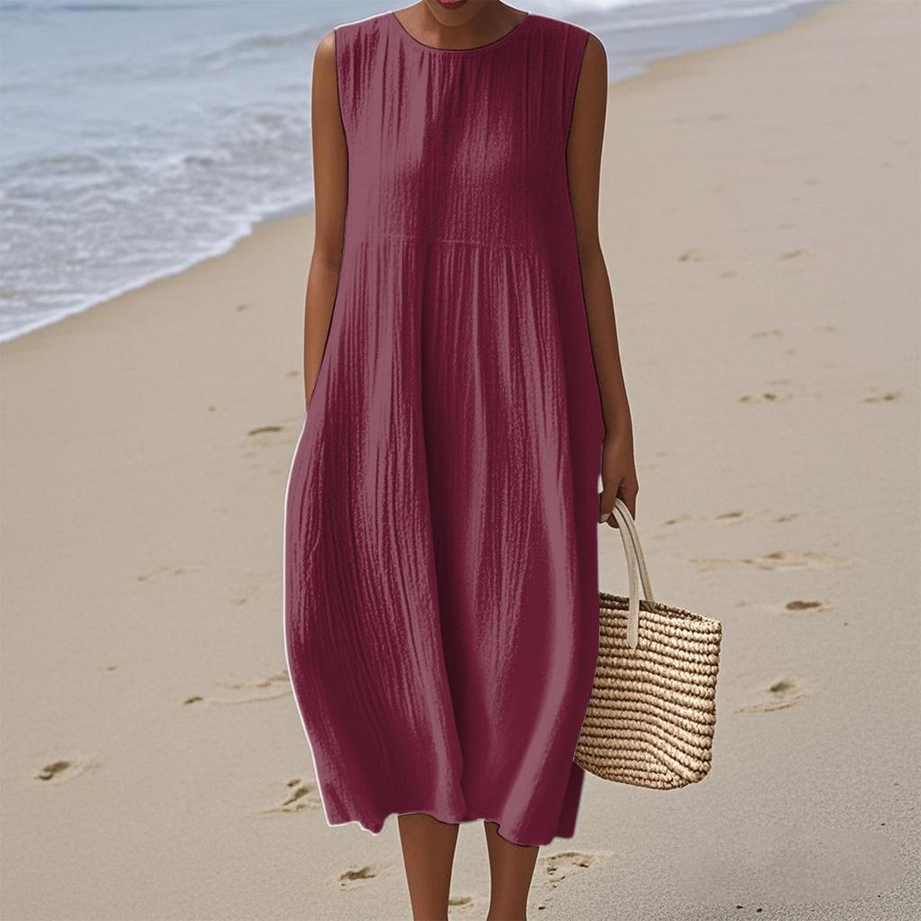 Women's Fashion Casual Sleeveless Round Neck Solid Color Elegant Temperament Dress