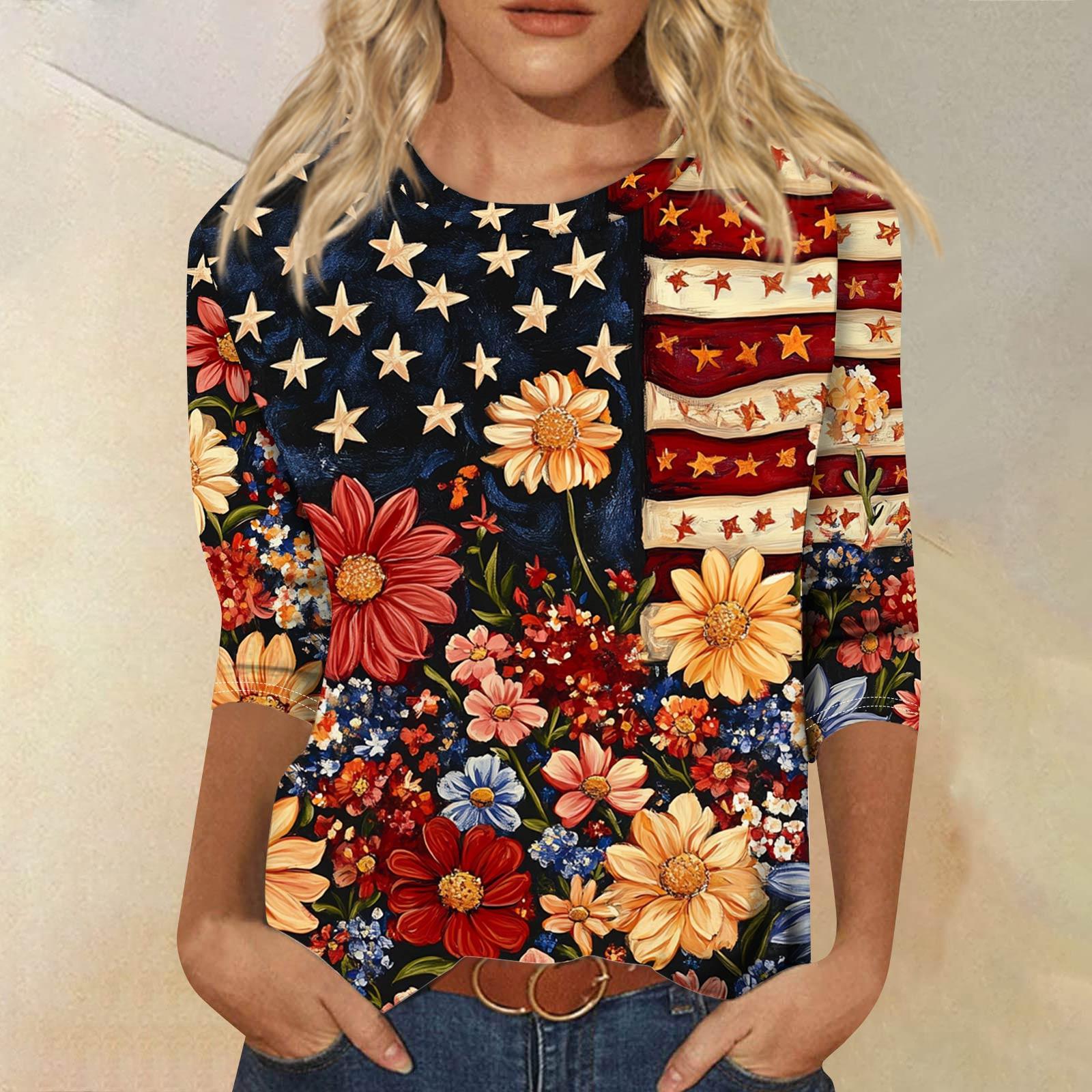 

Женская мода повседневный топ с круглым вырезом и принтом на День независимости с семью рукавами XXXL шафрановый