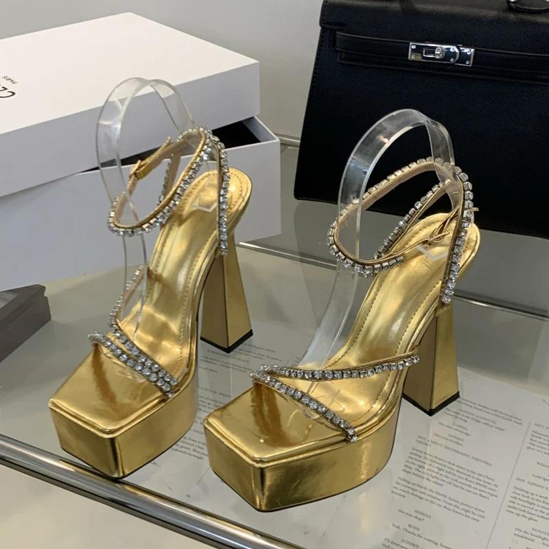 Eilyken Gold Silver Square Toe Women Sandals Street Style Buckle Strap Platform Ultra High Heels Banquet Party Ladies Shoes