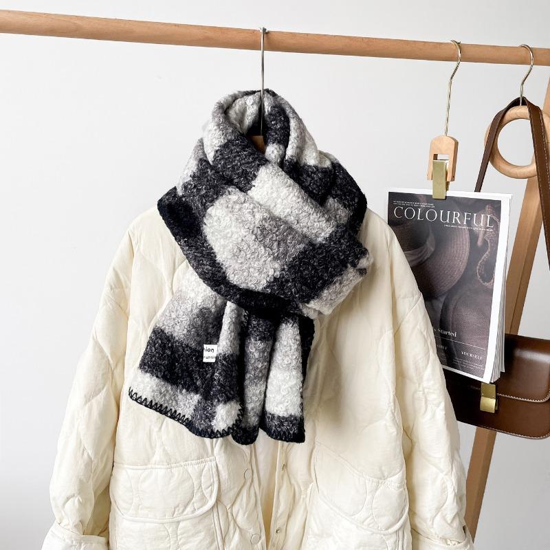 Wool Roll Plaid Shawl Women's Winter Premium Maillard Coffee Scarf Triangle Hemming Imitation Cashmere