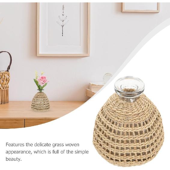 DOITOOL Glass Vase with Rattan Cover, Boho Flower Vase Straw Woven Glass Vase Decorative Glass Vase Bud Container Farmhouse Vase for Home Arrangement