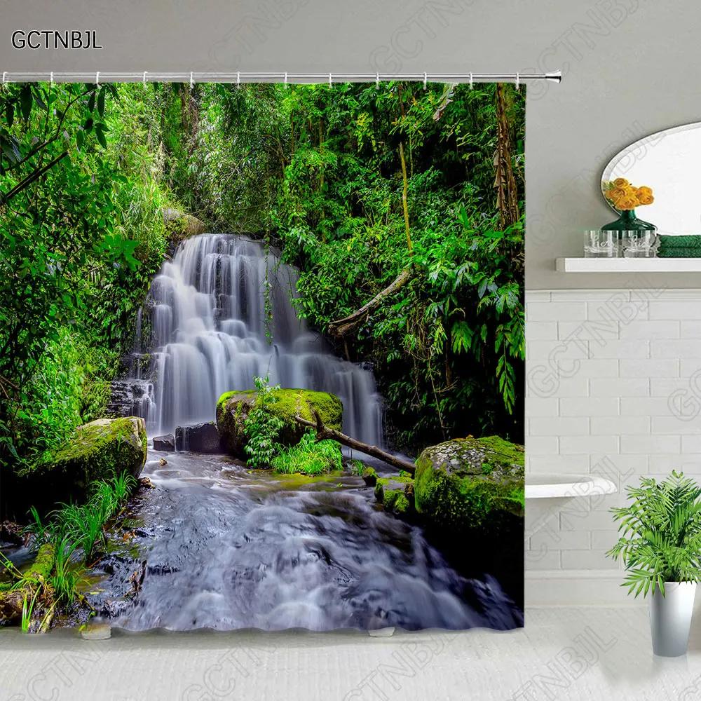 Modern 3D Printing Green Plant Tree Scenery Shower Curtains Forest Bamboo Landscape Bath Curtain Set For Bathroom Decor Cloth