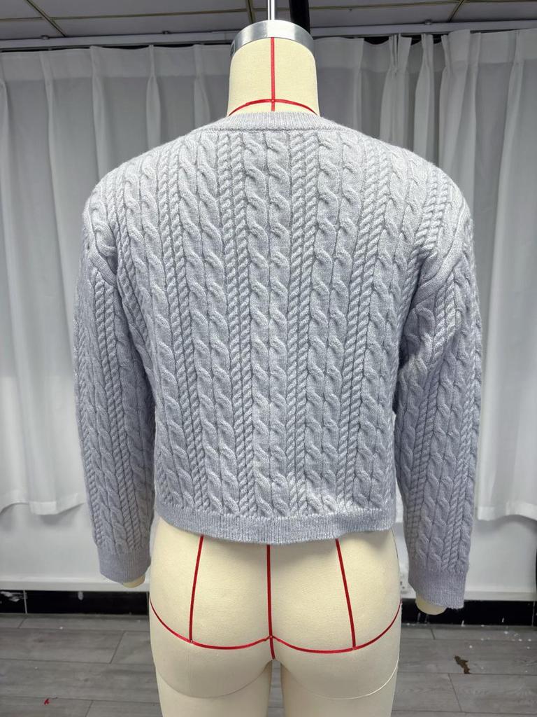 2024 Herbst Schlank geschnittener Zopfmuster-Strickjacke – Einfarbig, Rundhalsausschnitt, Vielseitiger Stil