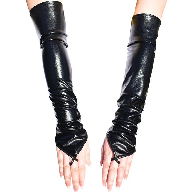 

48Cm Sexy Women Lacquer Leather Hook Finger Long Gloves Arm Sleeves Nightclub Pole Dance Stage Performance Cosplay Mittens One Size