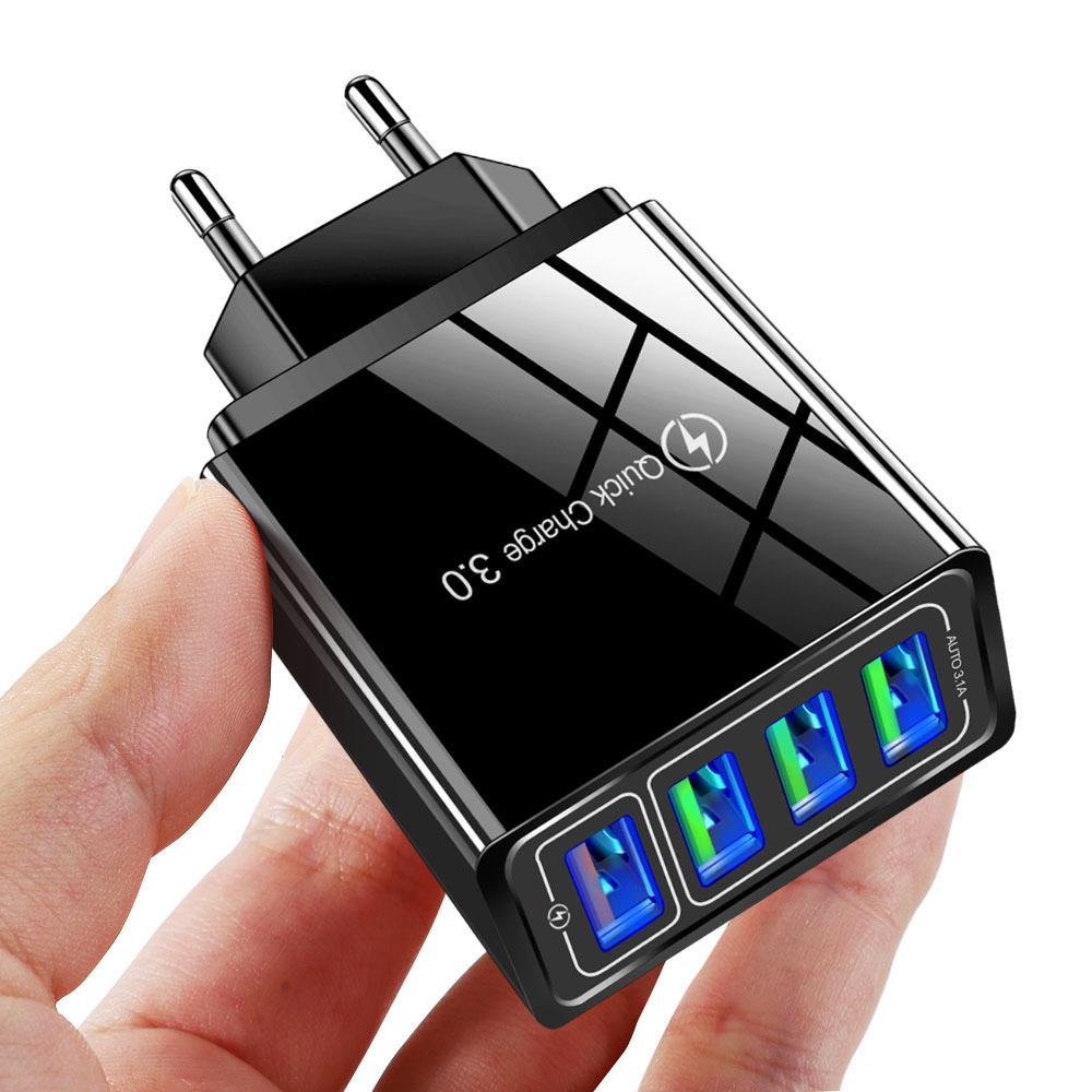 LED QC3.0 Multi-Port Fast Charger with 4 USB Ports and Global Plugs (US/EU/UK/AU) for Mobile Phones