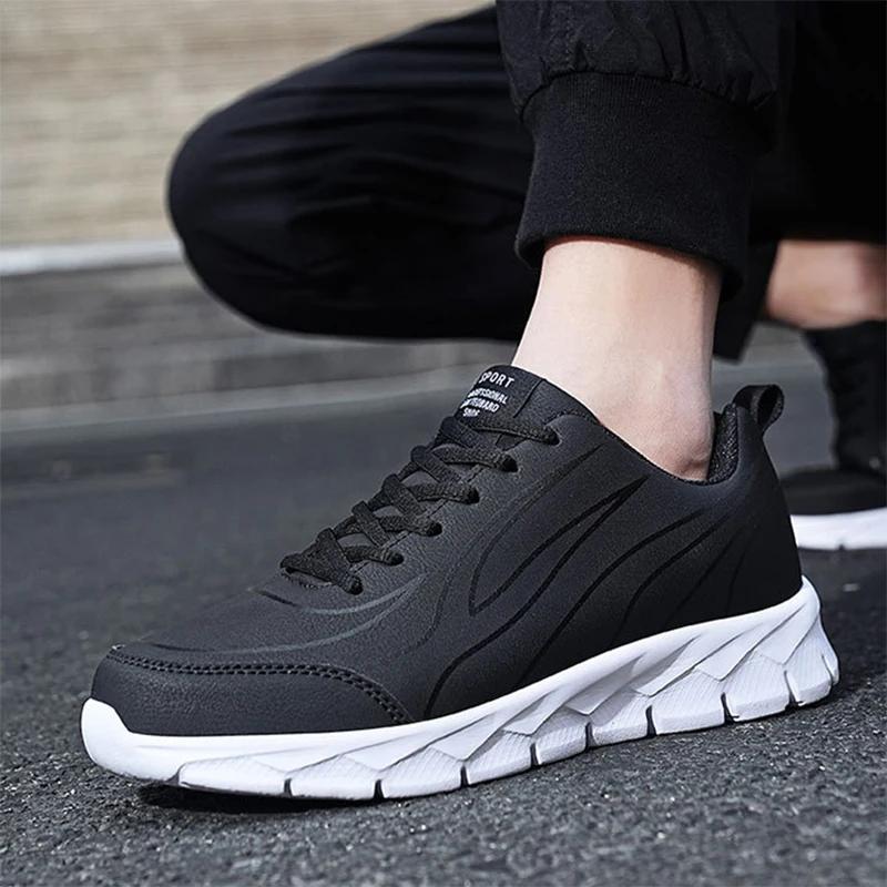 Men Sneakers PU Leather Soft Sports Running Shoes Casual Shoes for Men Solid Black Walking Footwear Fitness Jogging Men Shoes