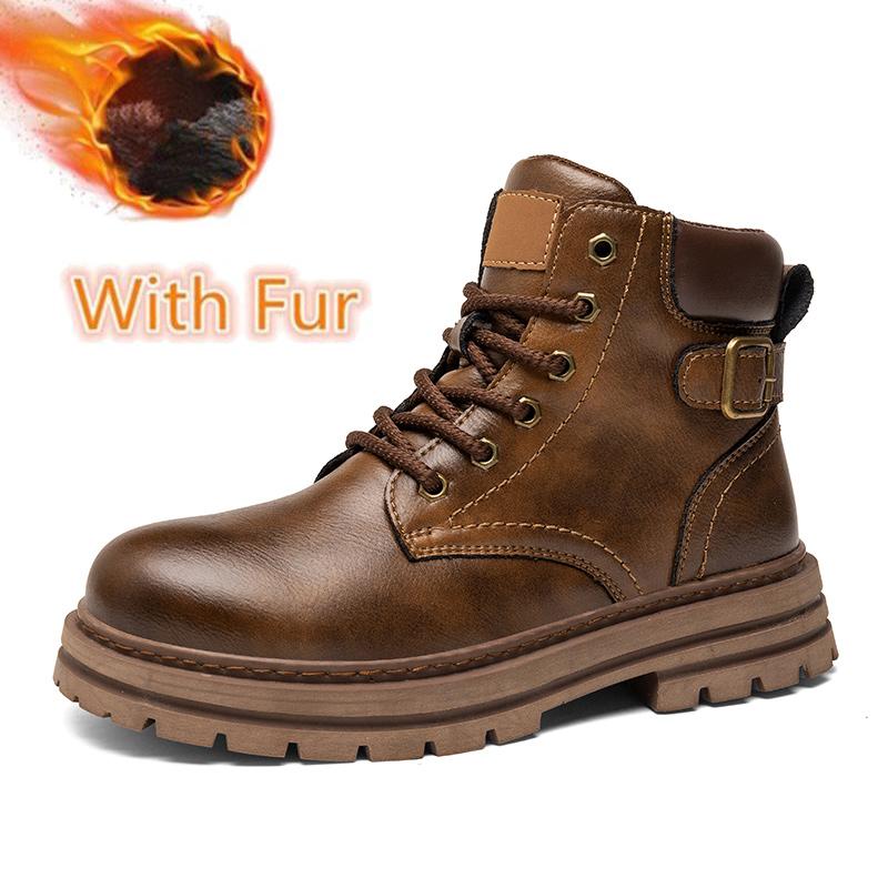 Winter Plush Snow Mens Ankle Boots All Seasons Motorcycle Boots Classic Casual Leather Shoes Handmade Male Botas Plush Fur Boots