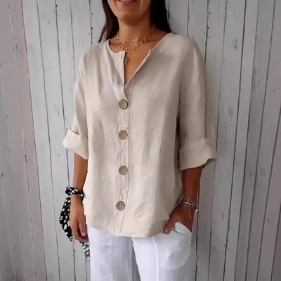 Camisa feminina com decote em V, manga 3/4, ajuste solto, blusa com botões, decoração, respirável, casual, uso diário