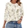 Women's Floral Print 3/4 Sleeve Round Neck Pleated Top Casual Loose Fit Blouse Lightweight Soft Fabric Shirt for Daily Wear
