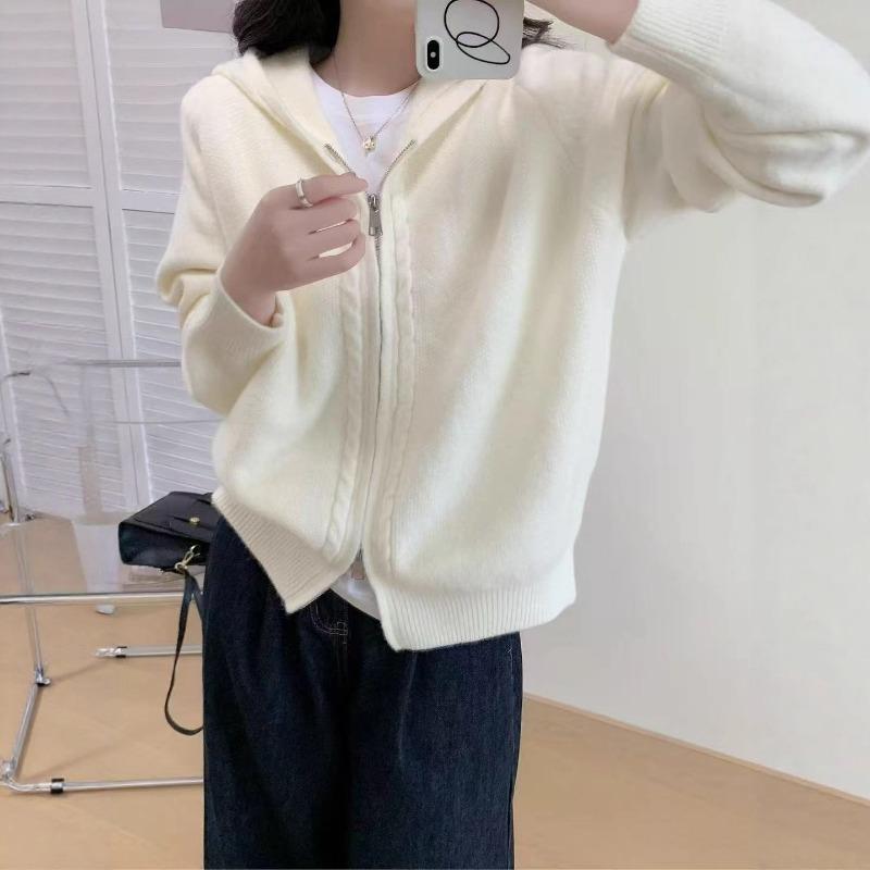 Double Zipper Hooded Sweater Jacket Women's Clothing Autumn and Winter New Loose Lazy Wind Knitted Cardigan Women