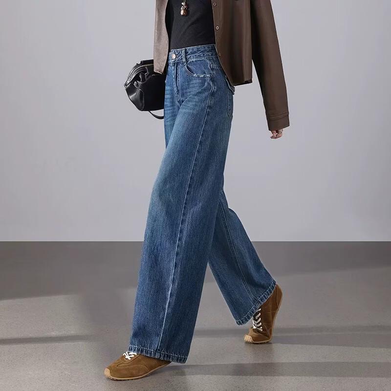 La Chapelle Women's Retro Blue Loose Wide-Leg Jeans